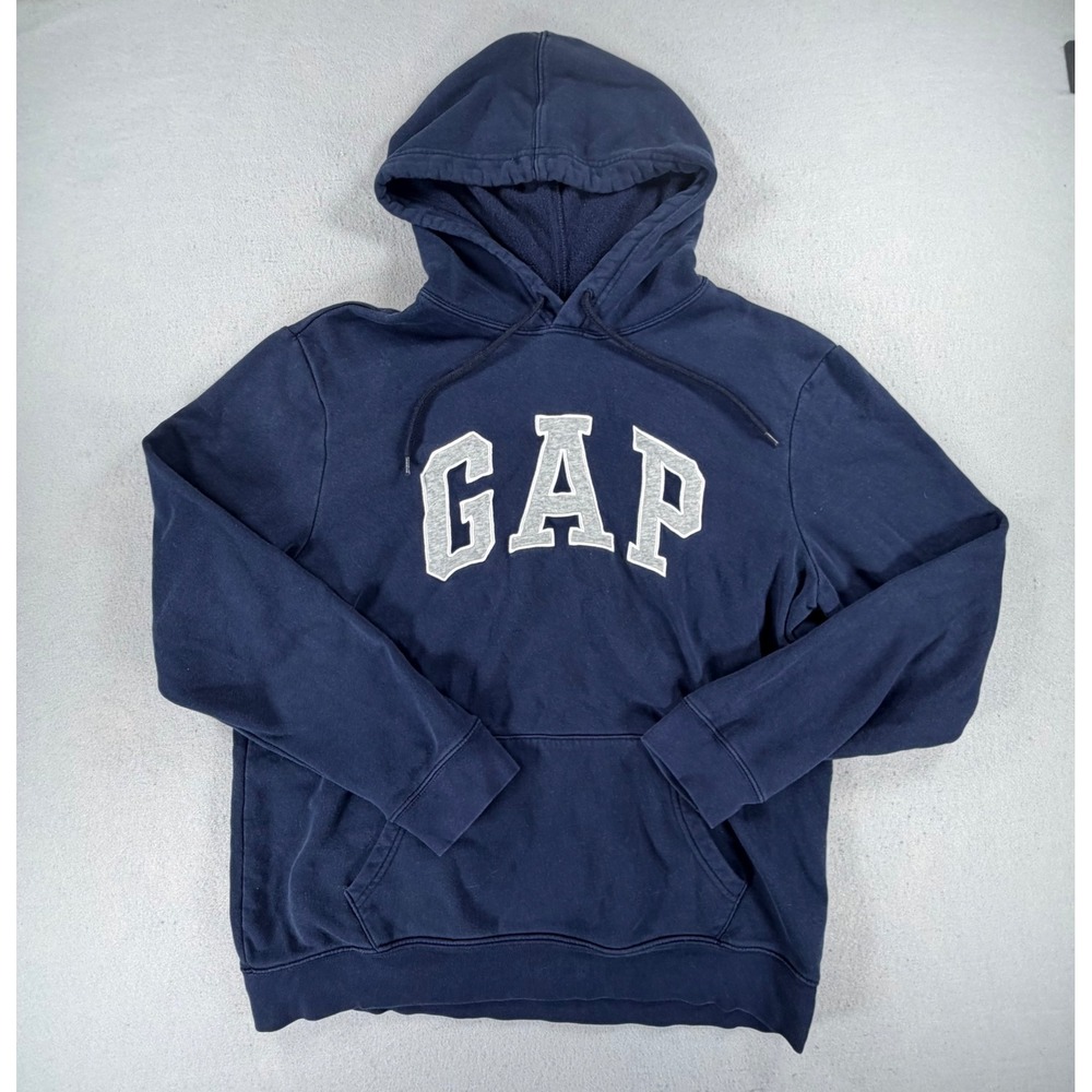 Gap Men's L Navy Blue Y2K Logo Pullover Hoodie Spellout Fleece Sweatshirt